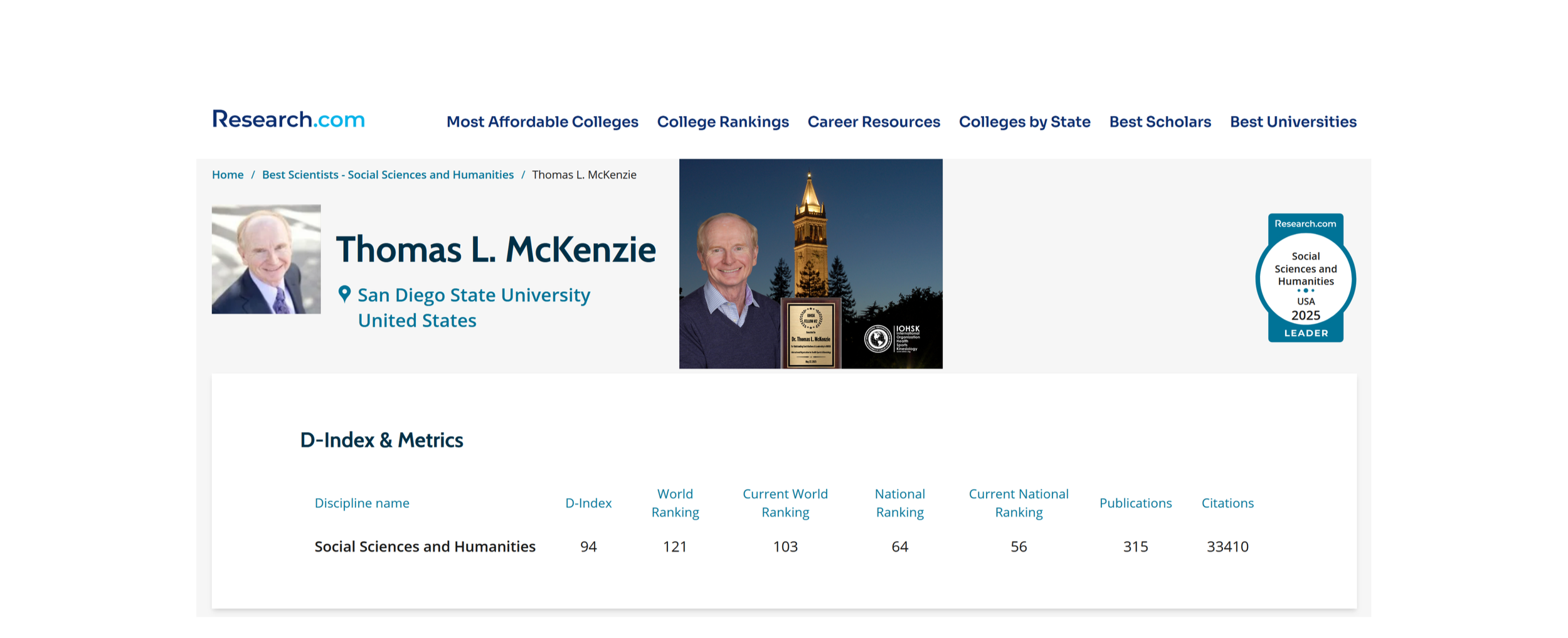 IOHSK Celebrates Dr. Thomas L. McKenzie’s 2025 Research.com Leader Award