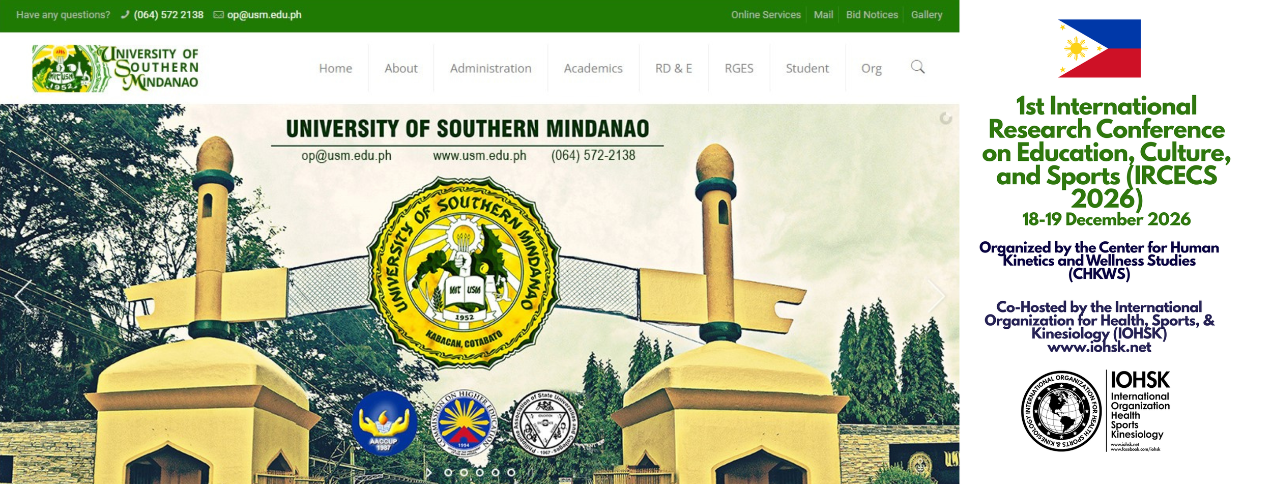       
  
      IOHSK Announces International Co-Hosting of IRCECS 2026 at the University of Southern Mindanao, Philippines     Los Angeles, California, USA   September 9, 2026 - 04:53 am    The International Organization for Health, Sports, and Kine