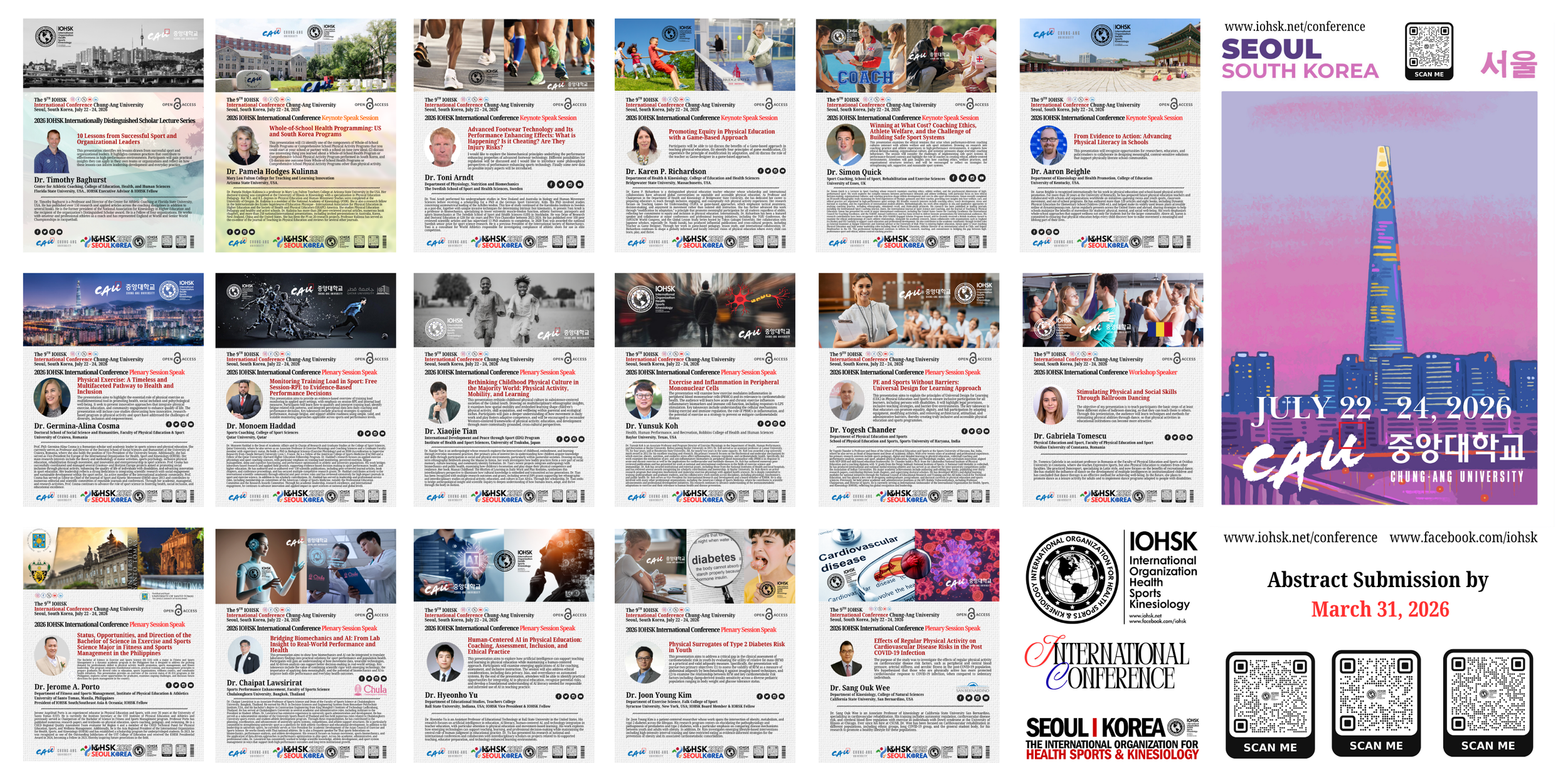 Conference poster with individual speaker profiles, event details, and a colorful illustration of Seoul Tower, promoting the 2026 IHHS International Conference at Chung-Ang University in Seoul, South Korea, from July 22-24, 2026.