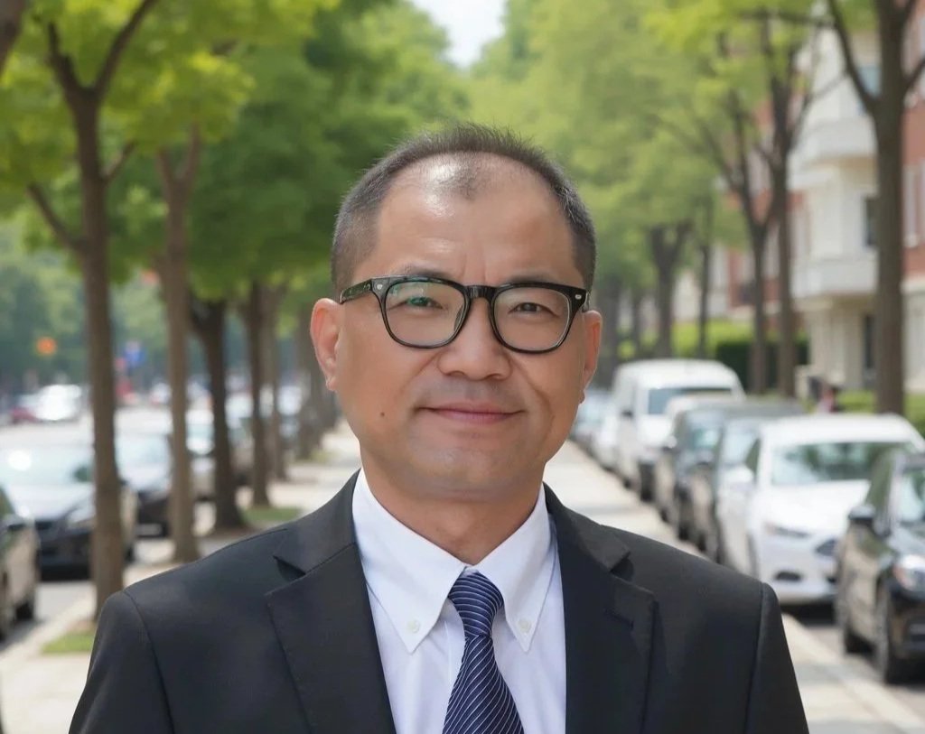 A man wearing glasses, a white shirt, a striped tie, and a dark suit jacket, smiling in front of a plain white wall.