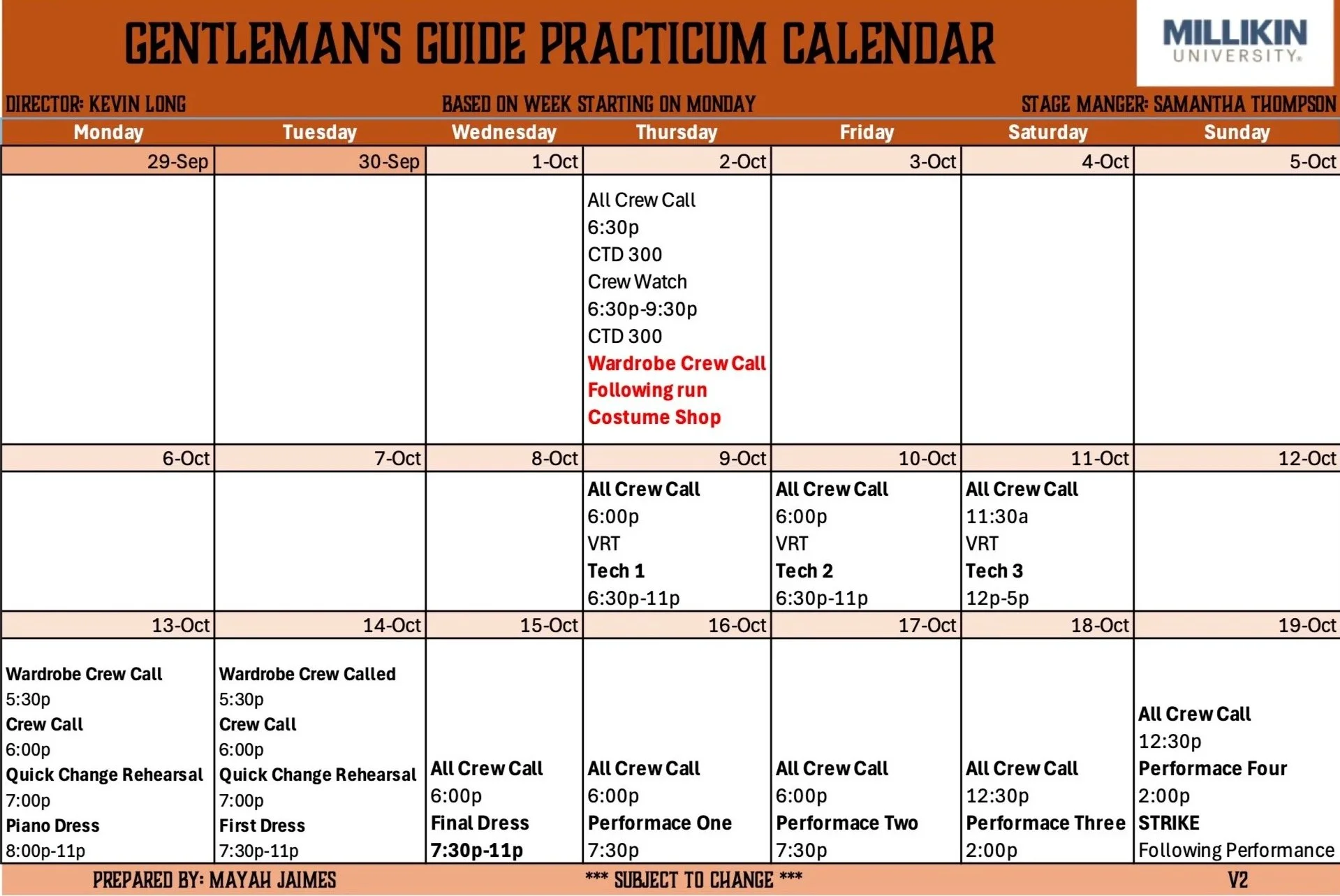 A Gentleman's Guide to Love and Murder- Crew Calendar Millikin University 2025