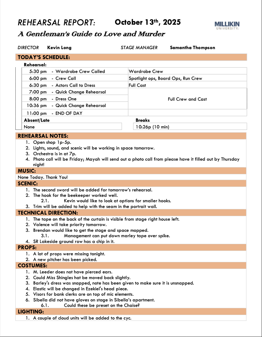 Gentleman's Guide to Love and Murder-Rehearsal Report Millikin University 2025