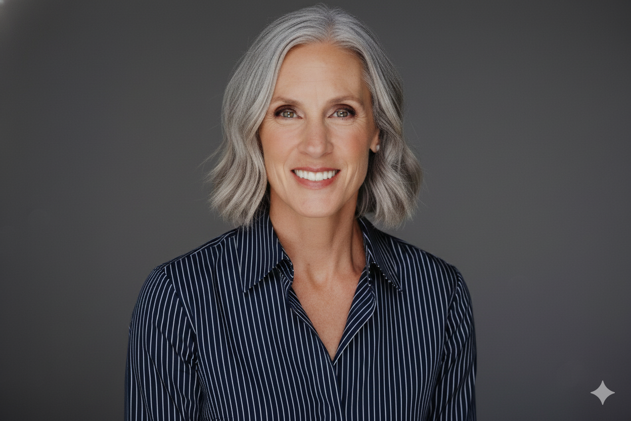 A middle-aged woman with short gray hair, smiling, wearing a dark blue, striped button-up shirt, against a plain gray background.
