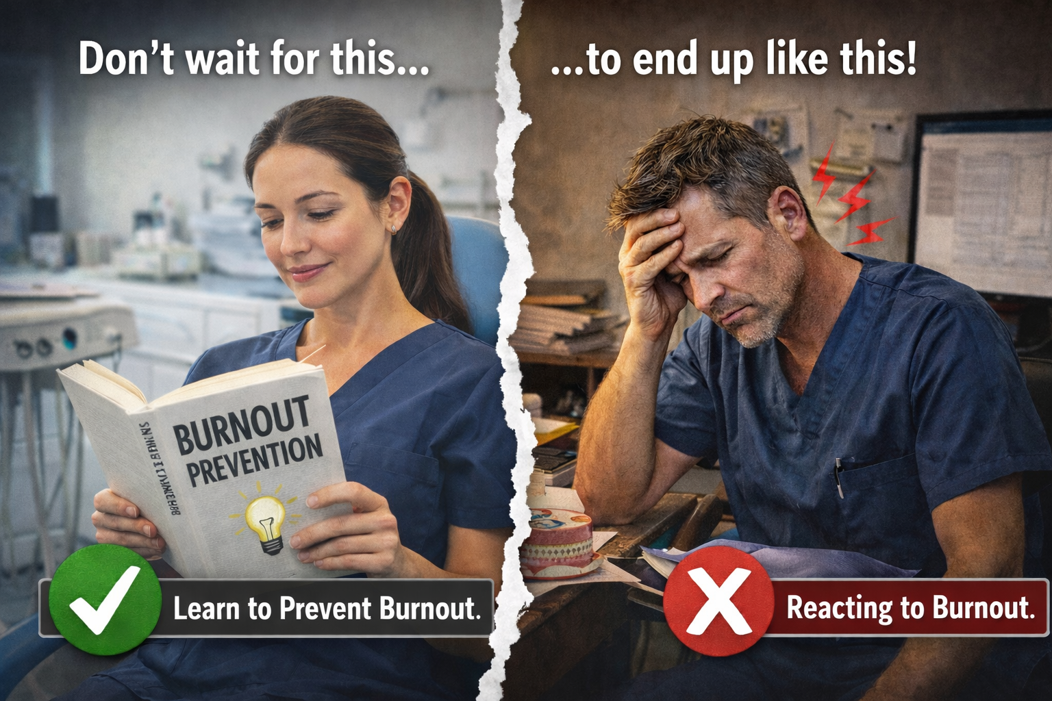 graphic with images of male and female dentists - the female on the left is smiling reading a book titled burnout prevention to learn to prevent burnout and the man on the right is holding his head and reacting to burnout
