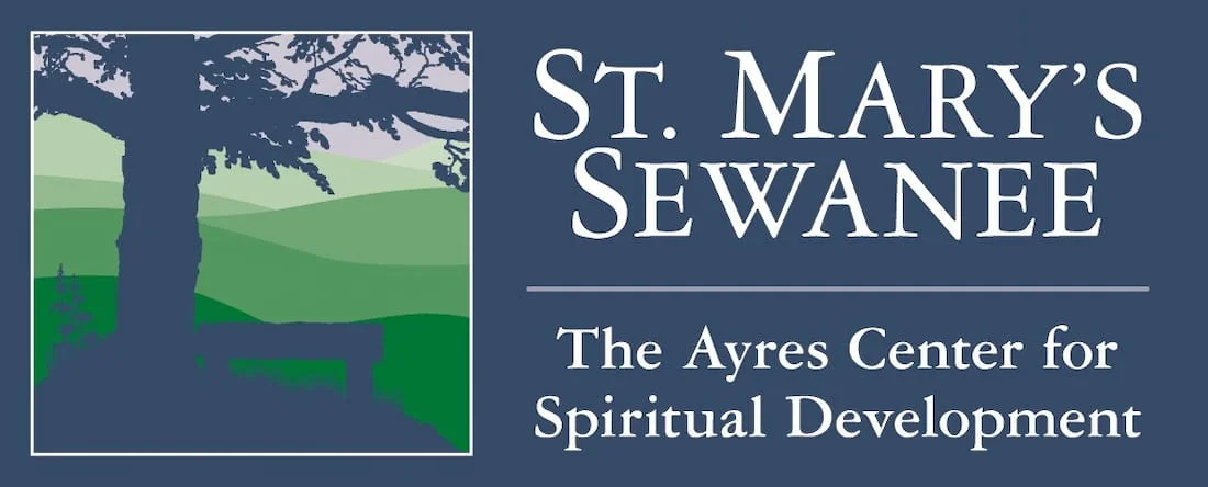 Logo for St. Mary's Sewanee, the Ayres Center for Spiritual Development, featuring a stylized tree with a bench and rolling green hills in the background.