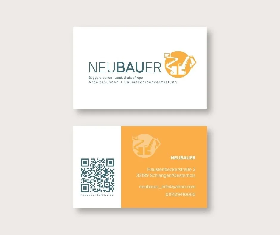Visitenkarte für die Firma Neubauer mit einem Bauarbeiter-Logo, Kontaktinformationen, einem QR-Code und der Firmenadresse in Deutschland.