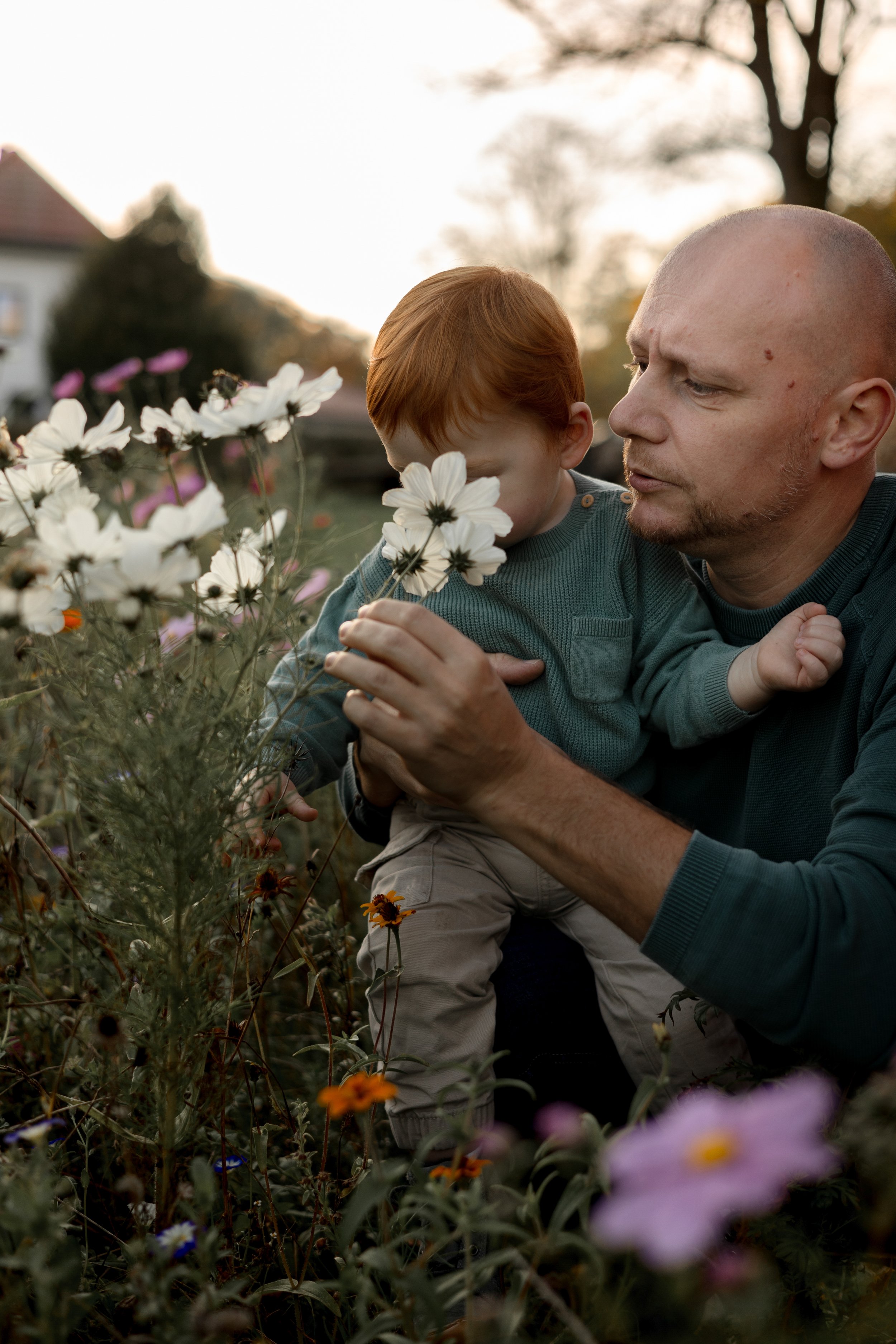Ein Mann hält ein kleines Kind im Garten, das gemeinsam Blumen betrachtet. Es ist wahrscheinlich Herbst, da die Bäume im Hintergrund keine Blätter tragen.