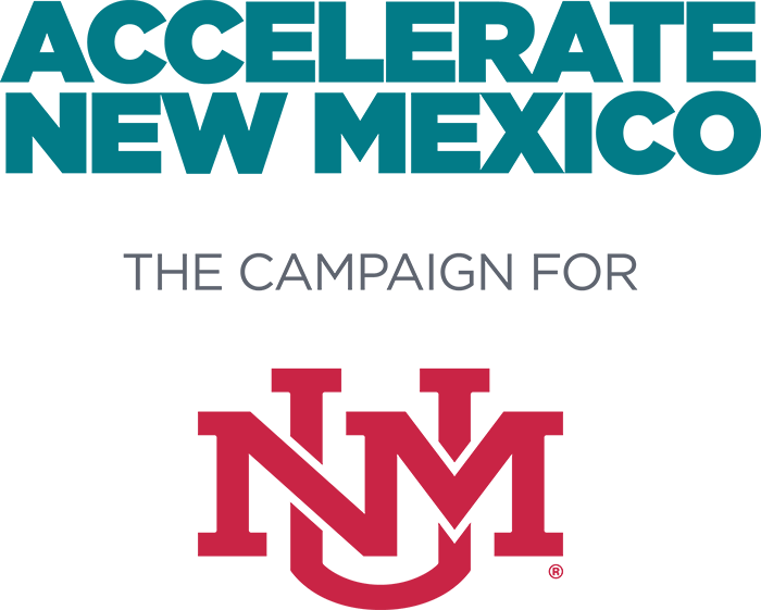 Accelerate New Mexico campaign logo with large blue text, gray subtext, and maroon University of New Mexico logo.