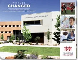Cover of a report featuring the Anderson Center for Management building at the University of New Mexico, with inset images of students in various activities, and the New Mexico Foundation logo.