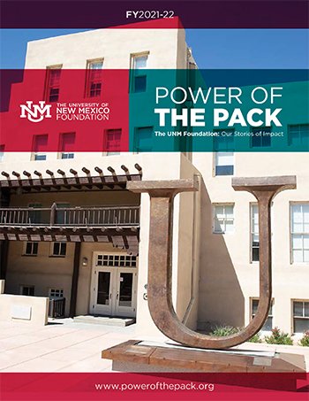 Cover of "Power of the Pack" report by the University of New Mexico Foundation, featuring a large letter 'U' sculpture in front of a beige building. The text includes FY2021-22 and a website link at the bottom.
