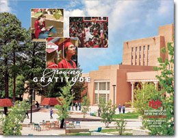 Campus scene with multiple images of students and graduation ceremony, showcasing the University of New Mexico. Text reads "Growing Gratitude."