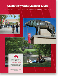 University of New Mexico Foundation brochure cover featuring students walking on campus, a statue, and a person reading on grass.