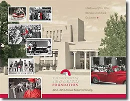 The University of New Mexico Foundation 2012-2013 Annual Report cover featuring historical photos and university building.