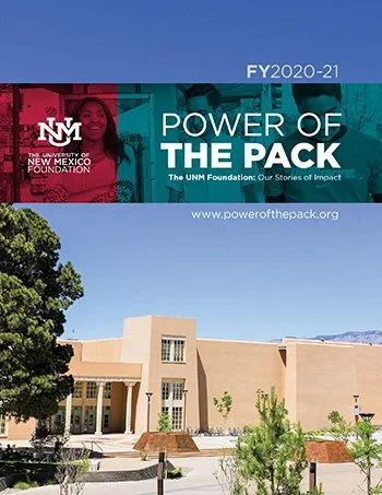 The cover of "Power of the Pack" featuring a building and trees against a clear sky. It is a publication by The University of New Mexico Foundation for FY 2020-21, with a website link www.powerofthepack.org.