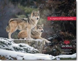 Two wolves standing on a snowy rock, with the text 'A Legacy of Lobo Loyalty' and the University of New Mexico logo.