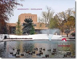 University campus with ducks on a pond, fountain, trees, and snow. Text promotes generosity and excellence.