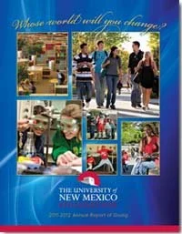 University of New Mexico annual report cover with photos of students and activities, featuring text "Whose world will you change?"