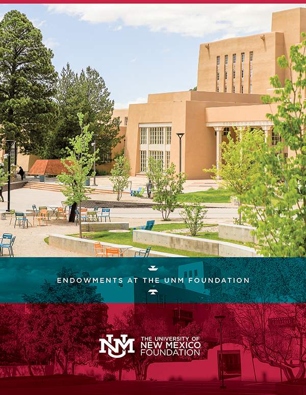 A campus scene with modern buildings, trees, and outdoor seating, featuring a banner for the Unm Foundation at the University of New Mexico.