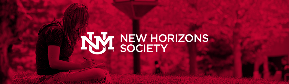 A person sitting on grass and writing in a notebook outdoors, with trees in the background, overlaid with the logo and text for the New Horizons Society.