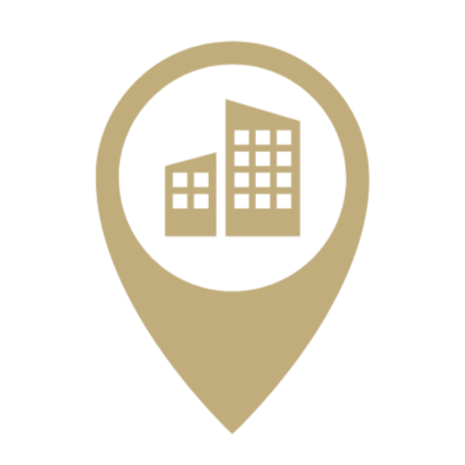 Icon of a map pin with a building silhouette inside.