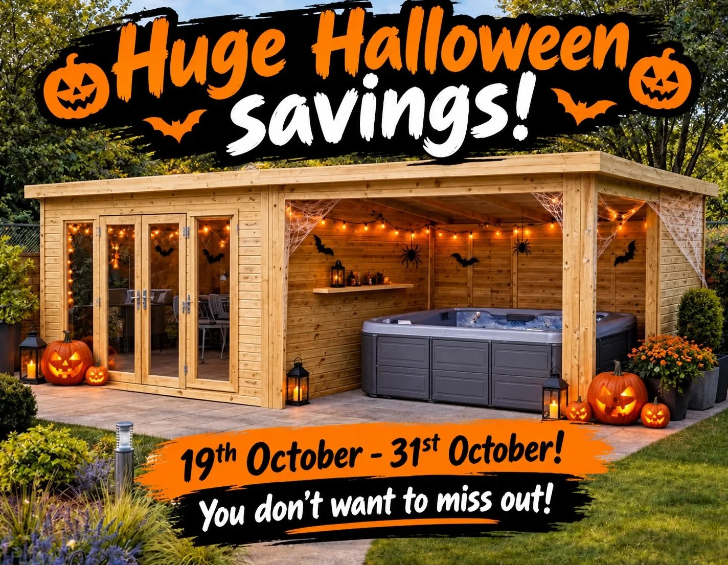 A wooden outdoor structure decorated with Halloween lights, pumpkins, and spooky decorations. Inside, there is a hot tub and Halloween-themed decor like spiders, bats, and cobwebs. The structure is surrounded by plants and a grassy area.