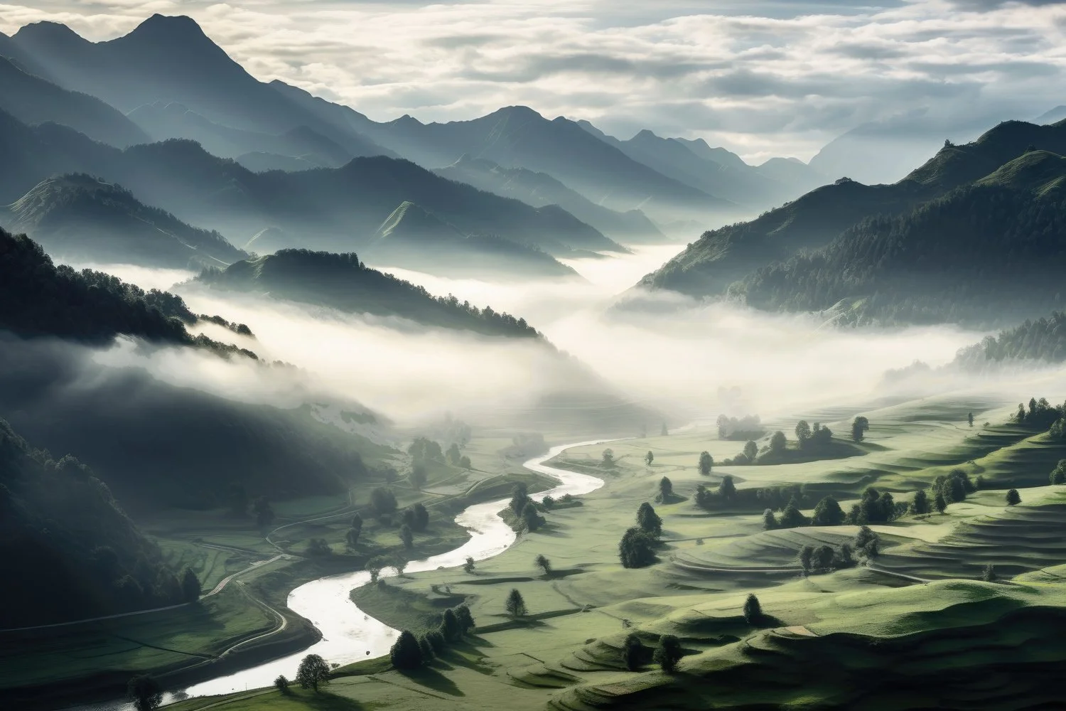 Scenic landscape of a meandering river flowing through lush green fields surrounded by misty mountains.