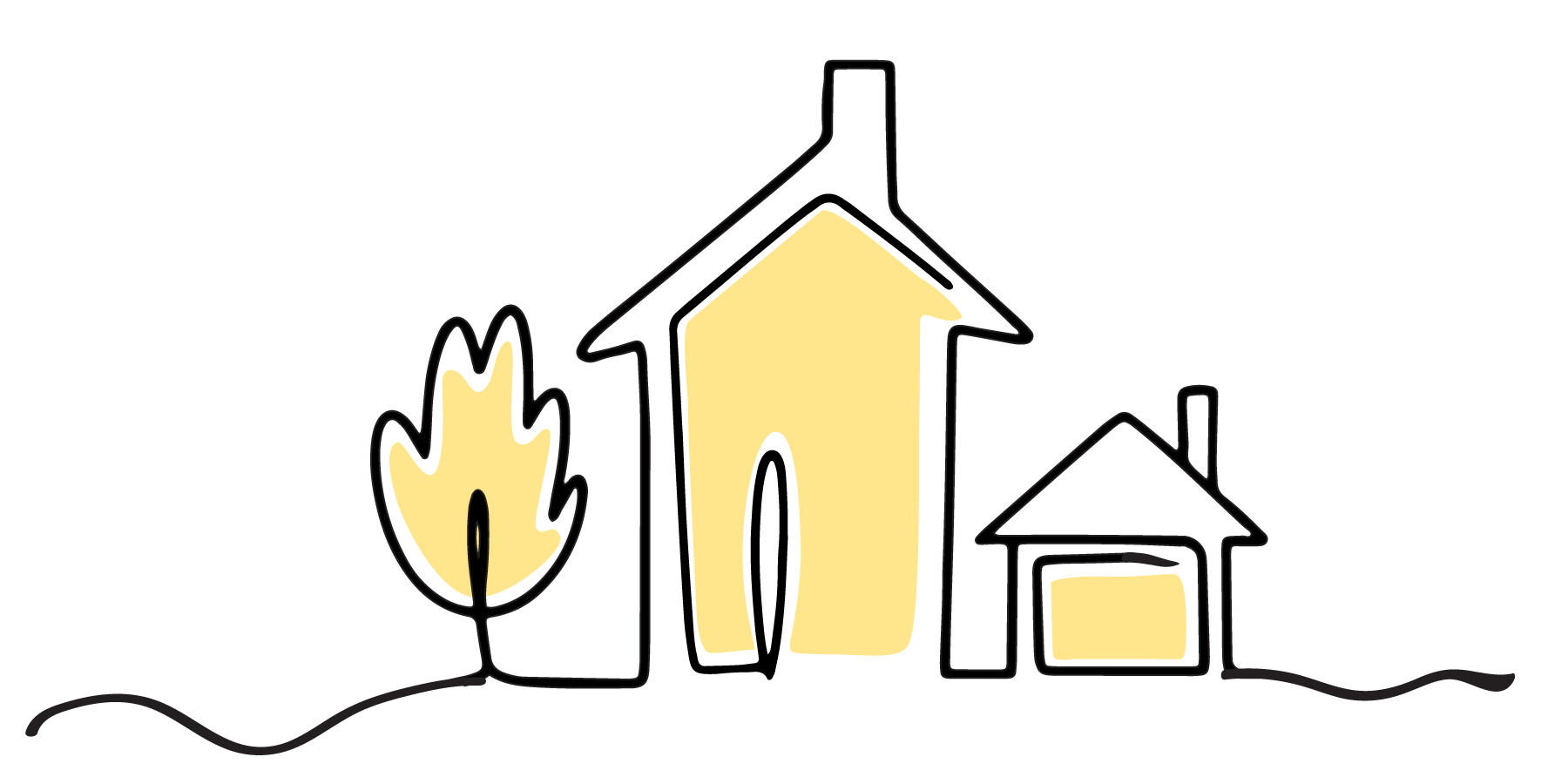 Line drawing of two houses with chimney and a tree with ground lines.
