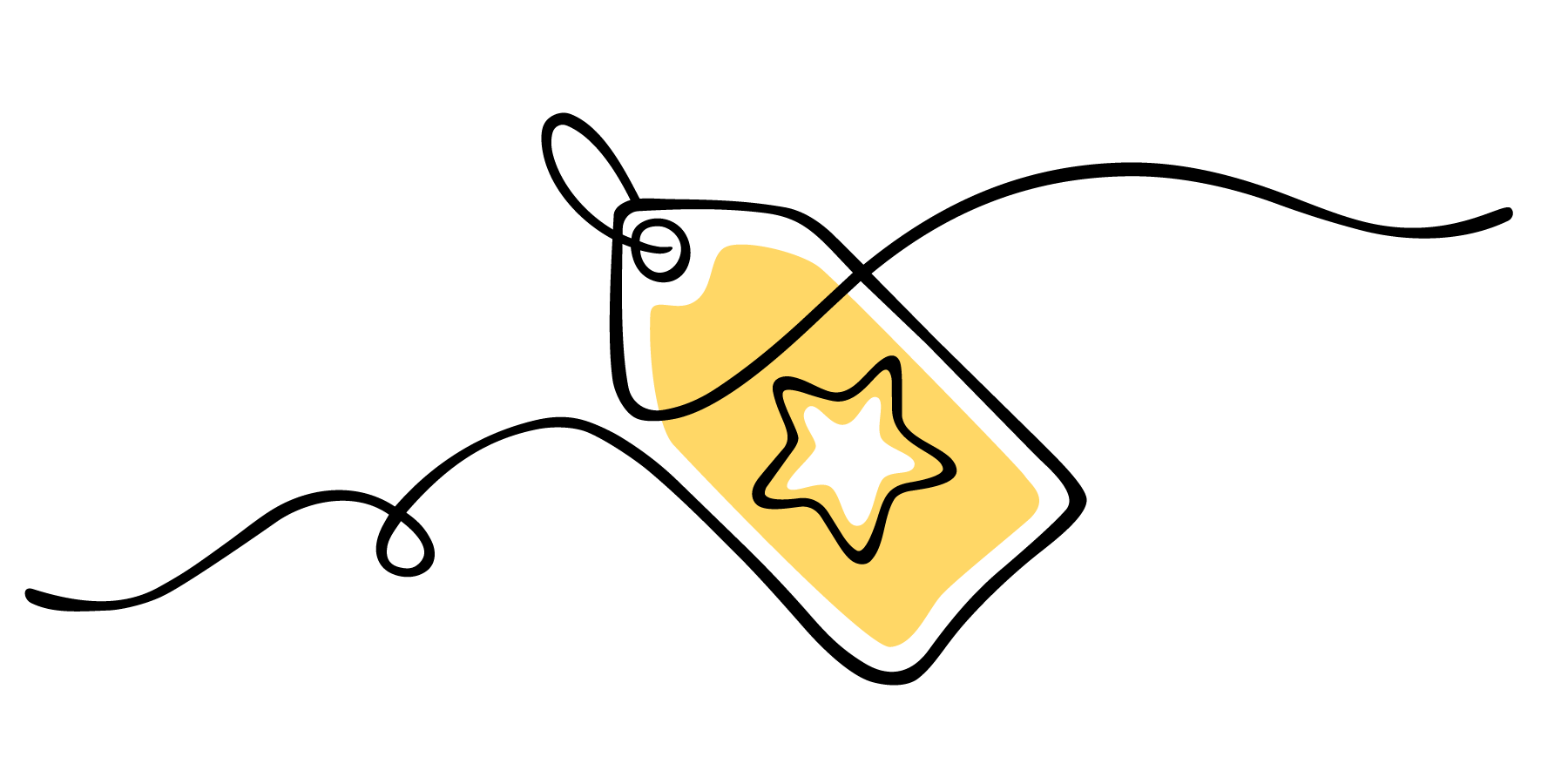 Line drawing of a rectangular tag with a ribbon and a star representing the brand.