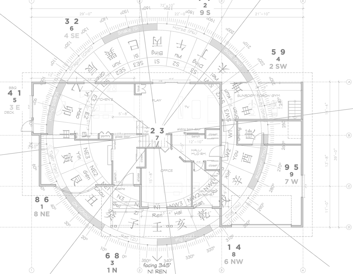 Classical Xuan Kong Fei Xing Flying Stars Qi map of a house showing the 24 mountains of the  Lo Pan compass