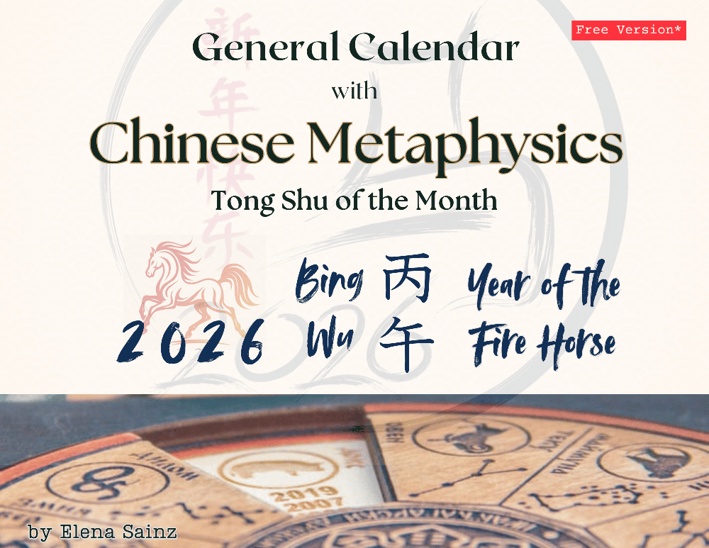 Book cover titled 'General Calendar with Chinese Metaphysics, Tong Shu of the Month, 2026 Year of the Fire Horse', free download offered by Elena Sainz for general date selection.