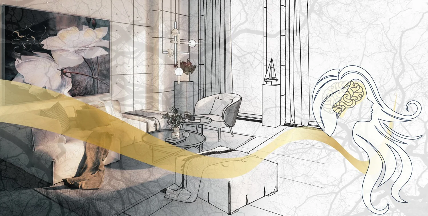Modern living room with a yellow wave flowing toward a drawing of a woman’s head with a highlighted brain, symbolizing interior design’s impact on mental well-being.