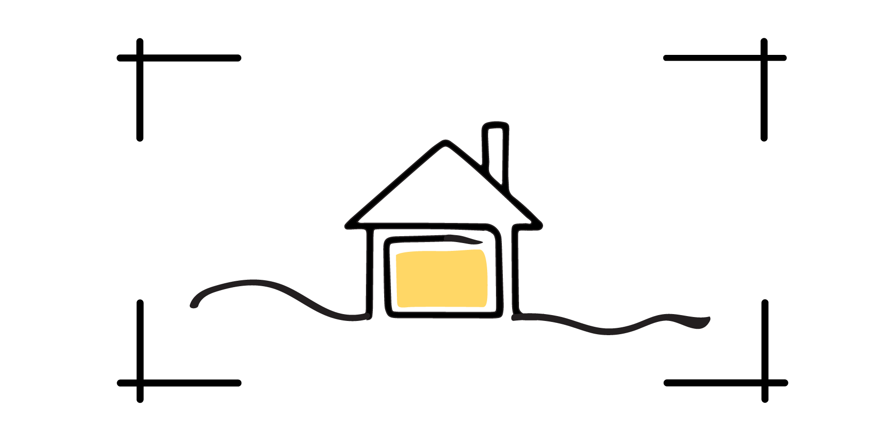 Minimal line drawing of a house with a chimney and a yellow-lit window, representing a warm and welcoming living space.