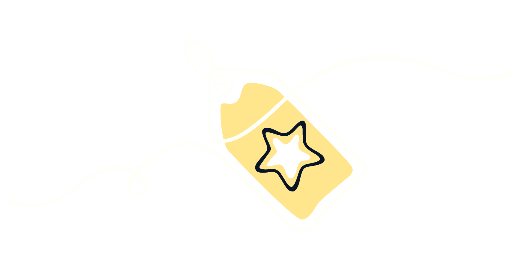 Line drawing of a rectangular tag with a ribbon and a star representing the brand.