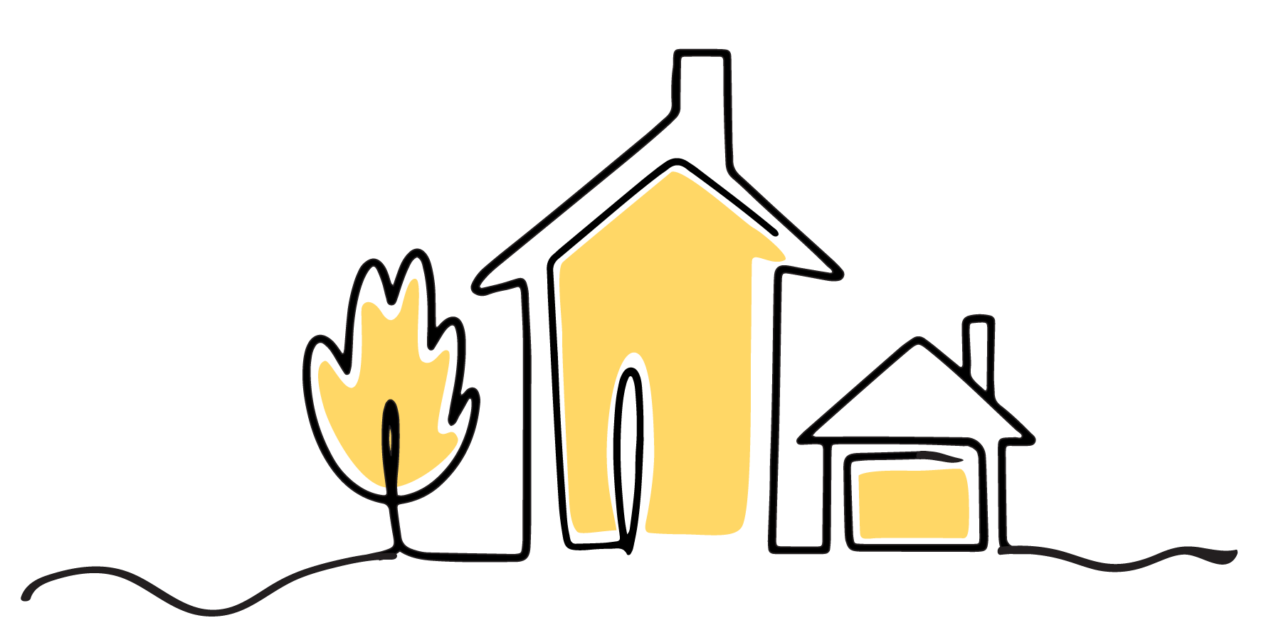 Line drawing of two houses with chimney and a tree with ground lines.