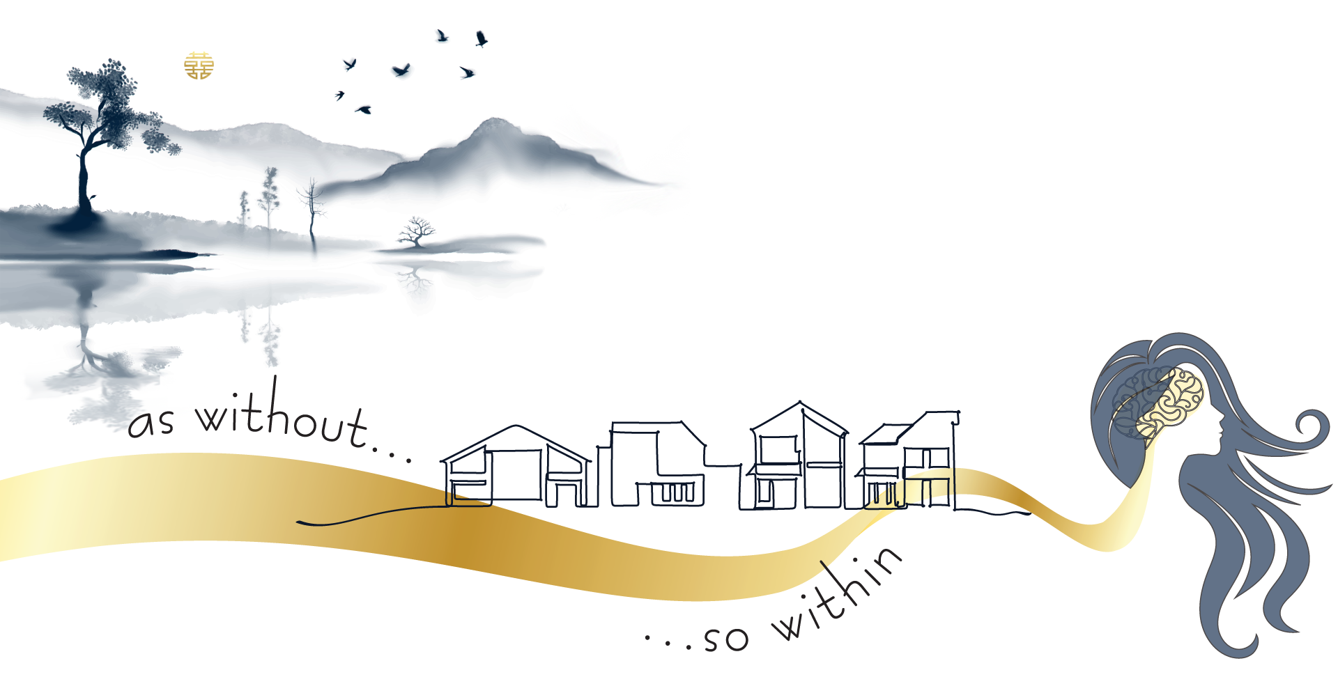 Landscape with mountains in traditional Chinese watercolor style, line drawing of houses, golden wave with the words "as without so within" and woman with long hair and brain.