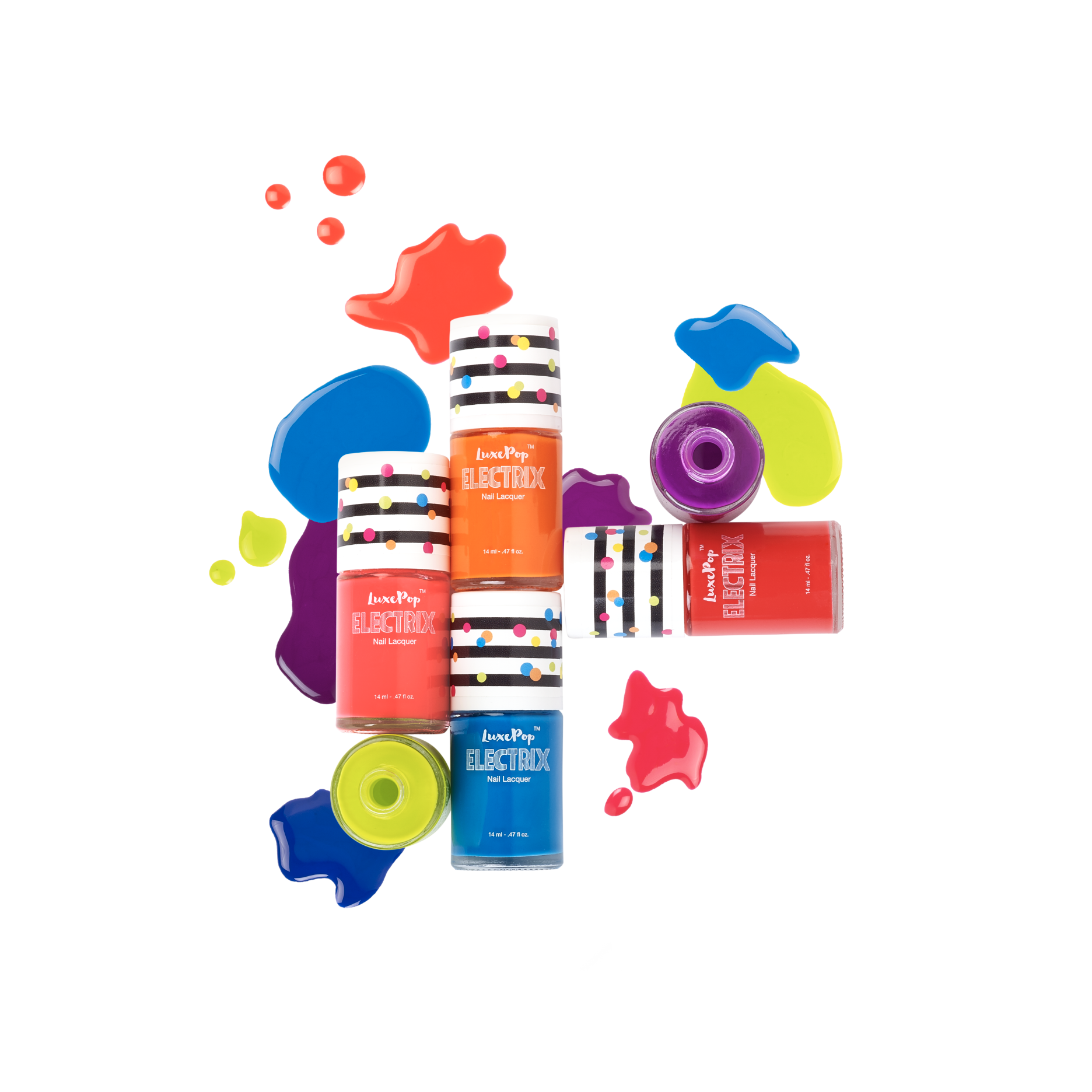 Assorted bottles of LuxePop Electrix nail lacquer in red, orange, blue, purple, and pink, with colorful splashes of nail polish surrounding them on a white background.