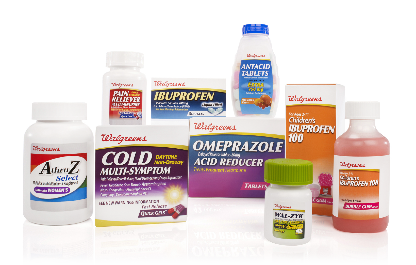 Assorted Walgreens over-the-counter medications including children's and adult ibuprofen, acetaminophen, cold and flu remedies, decongestants, and allergy tablets.