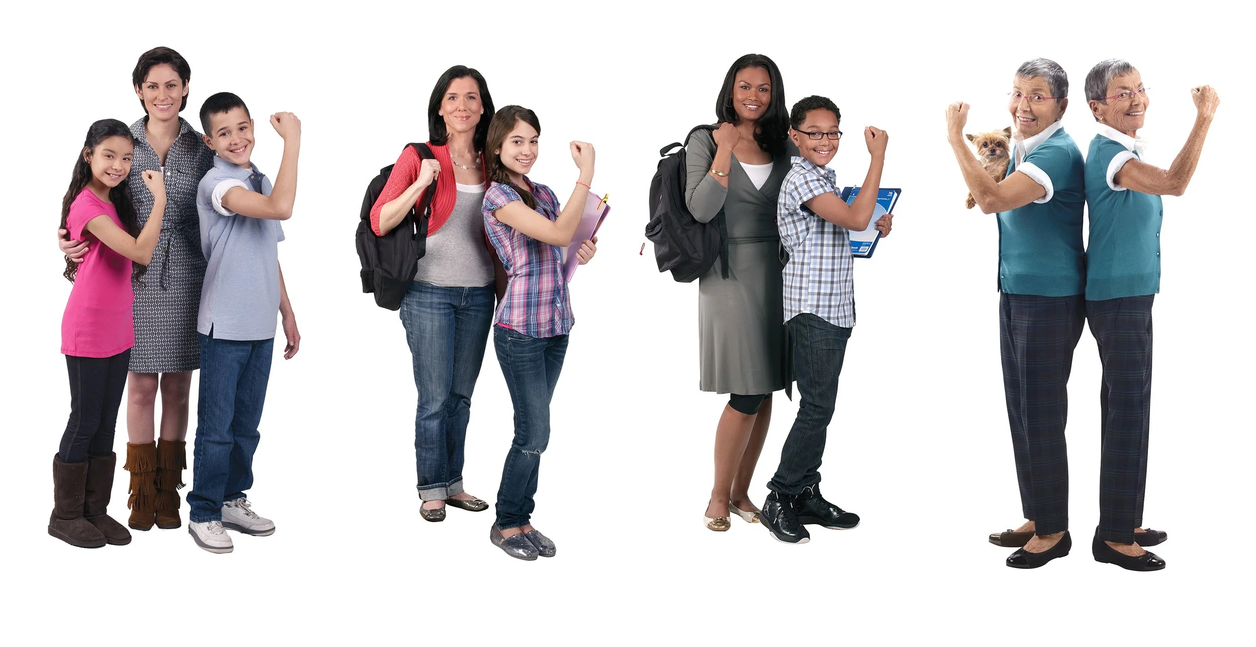 Group of children, teachers, and senior women each flexing their arm muscles in victory pose on a white background.