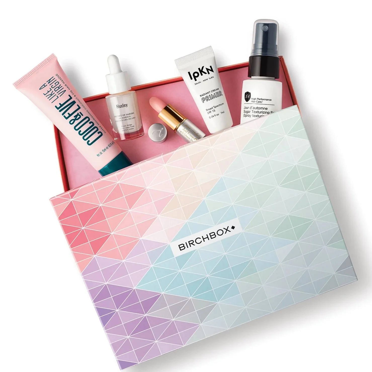 A Birchbox gift box containing skincare and beauty products on a white background.
