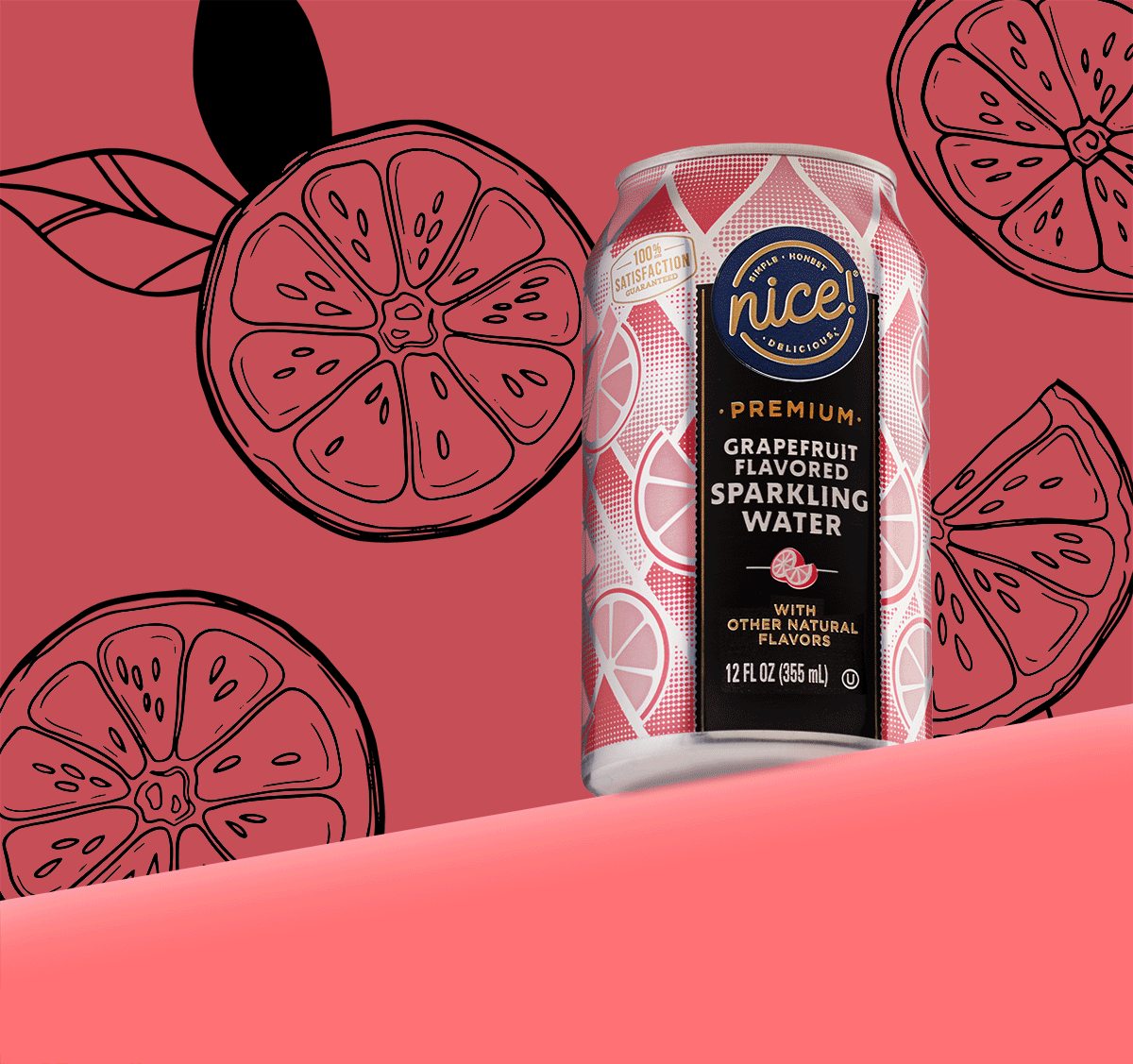 A can of Nice grapefruit flavored sparkling water against a pink and red background with black line drawings of grapefruit slices.