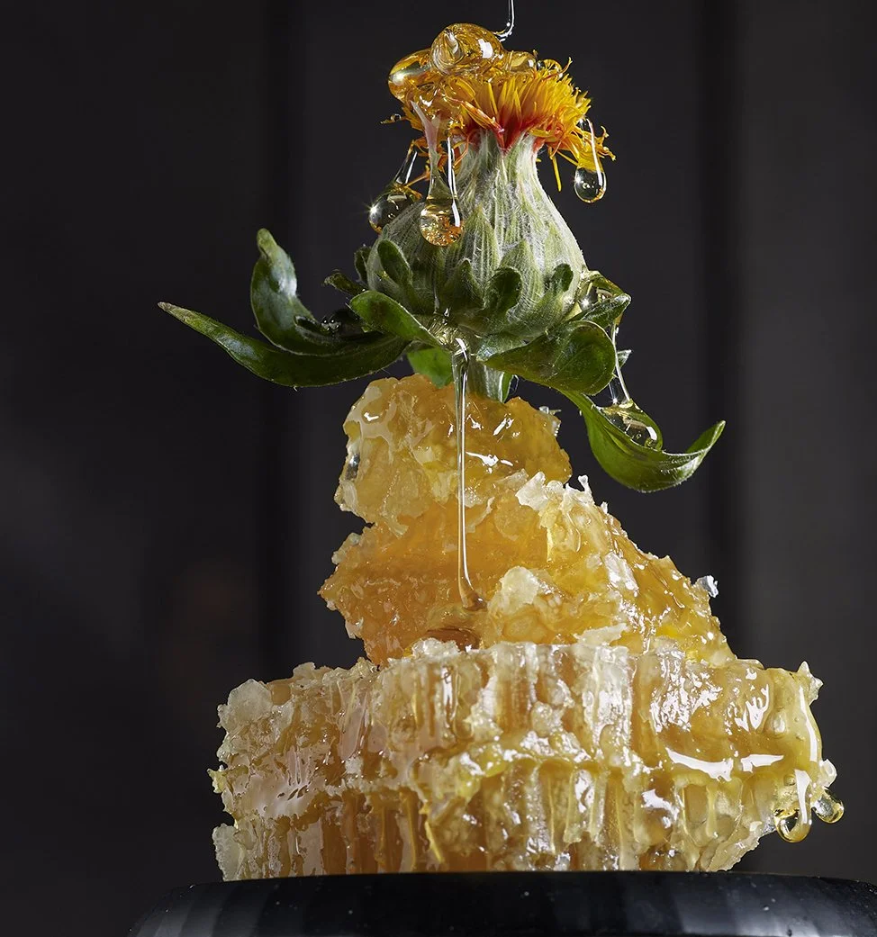A close-up photo of a honeycomb with honey dripping from it, with a pineapple flower on top of the honeycomb, set against a dark background.