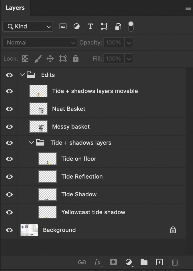 Screenshot of a Photoshop layers panel with multiple layers labeled related to water and shadow effects for a scene, including "Tide + shadows layers," "Tide on floor," "Tide Reflection," "Tide Shadow," and "Yellowcast tide shadow." A background layer is visible at the bottom.