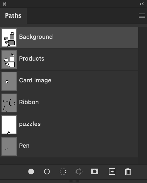 Screenshot of a digital graphic design program's layer menu, showing layers labeled Background, Products, Card Image, Ribbon, puzzles, and Pen.
