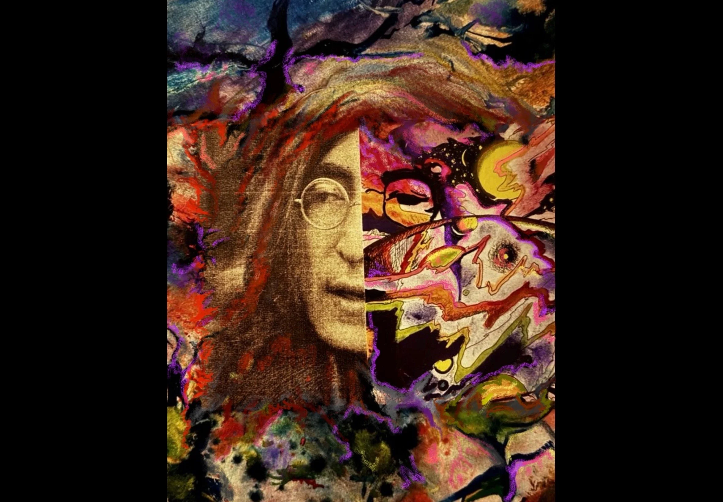 A split artistic portrait of a woman's face, half realistic with glasses and the other half abstract with colorful, swirling patterns and celestial elements.