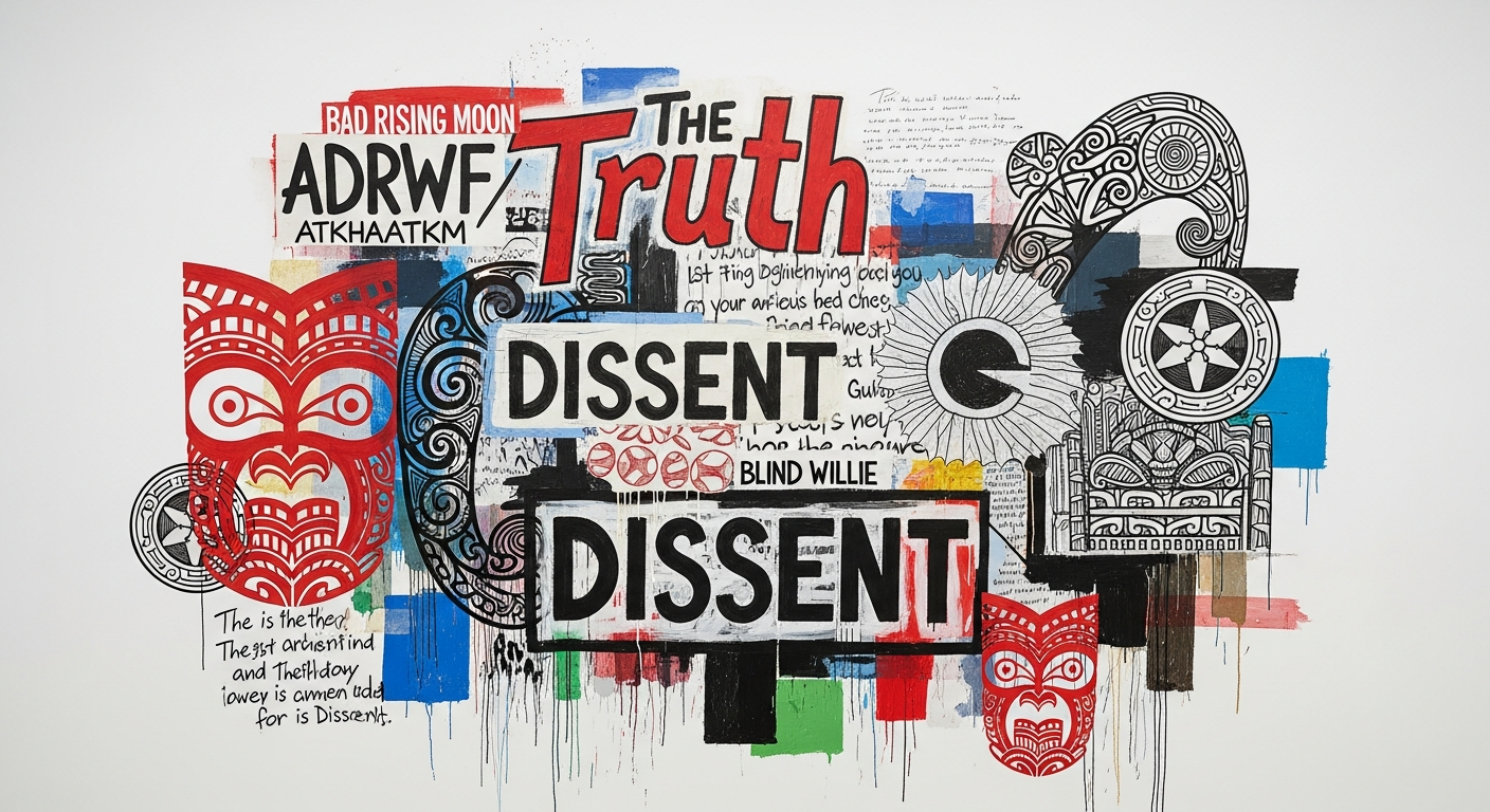 Colorful collage-style artwork featuring words like 'Truth', 'Dissent', and 'Dissent T', along with red tribal masks, black and white intricate patterns, and various handwritten notes.