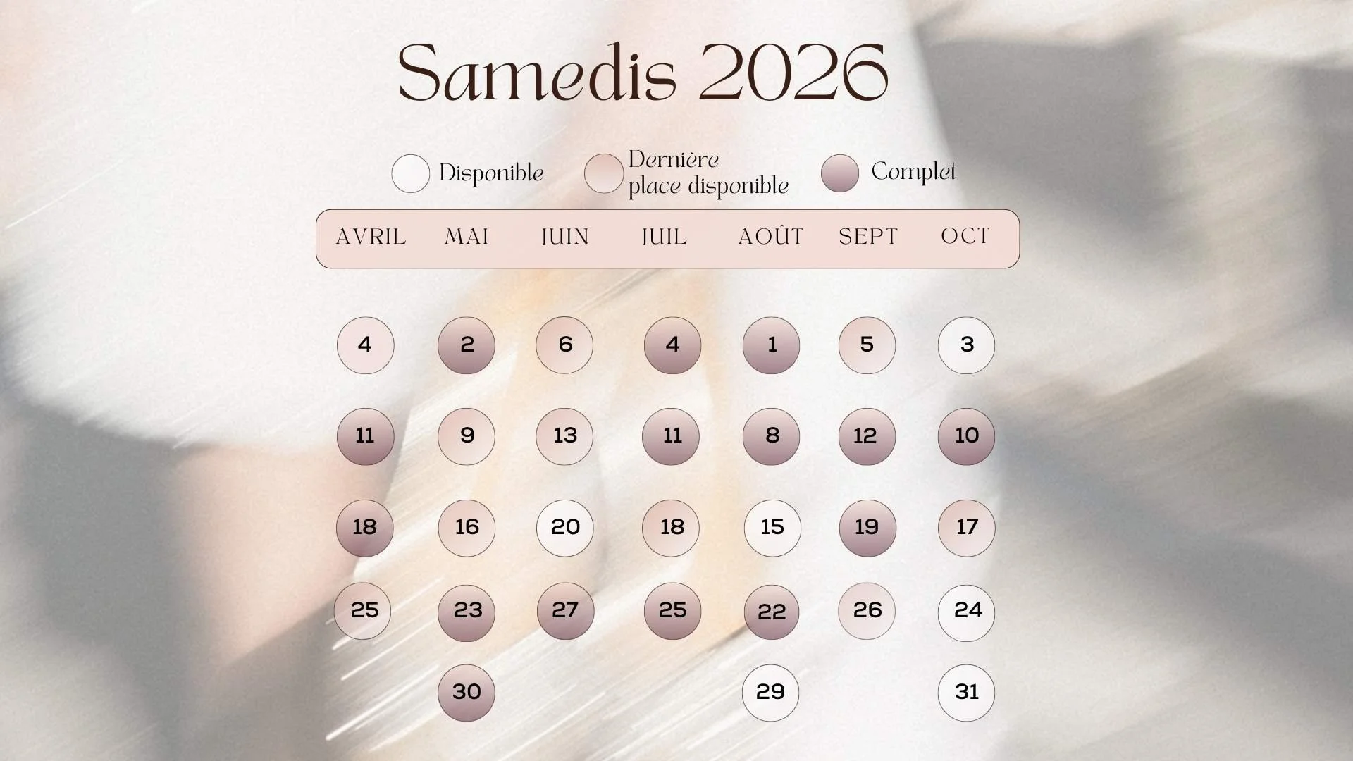 Planning de disponibilité de maquilleuse mariée Audrey Langouet pour 2026