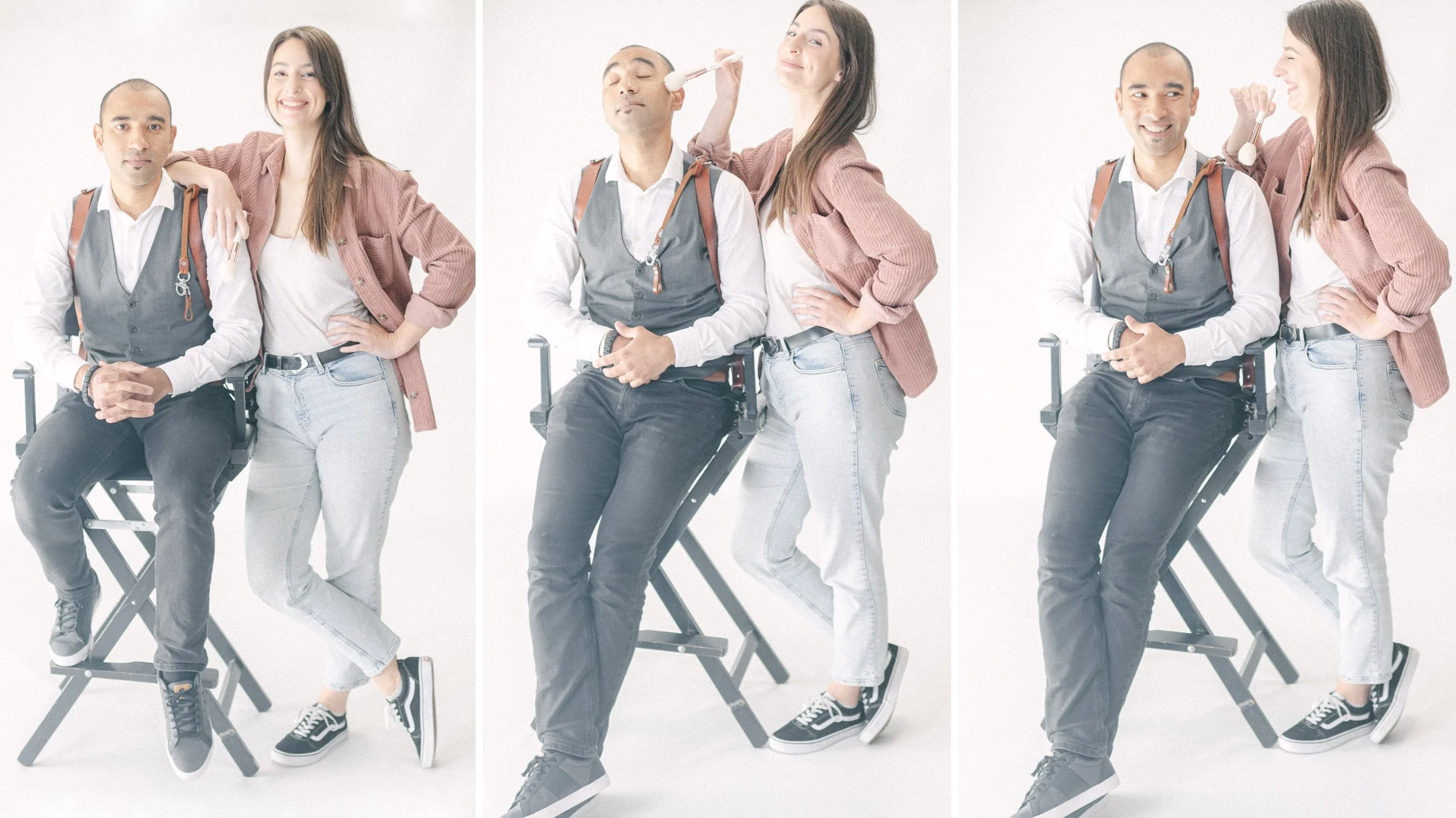 Binome photographe et et maquilleuse aux sables d'Olonne, triptyque de photos où l'homme est assis sur la cxhaise maquilleur et la femme est à sa droite