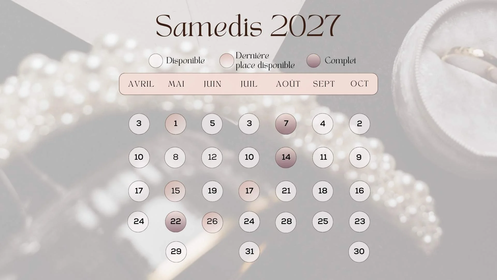 Planning de disponibilité de maquilleuse mariée Audrey Langouet pour 2027