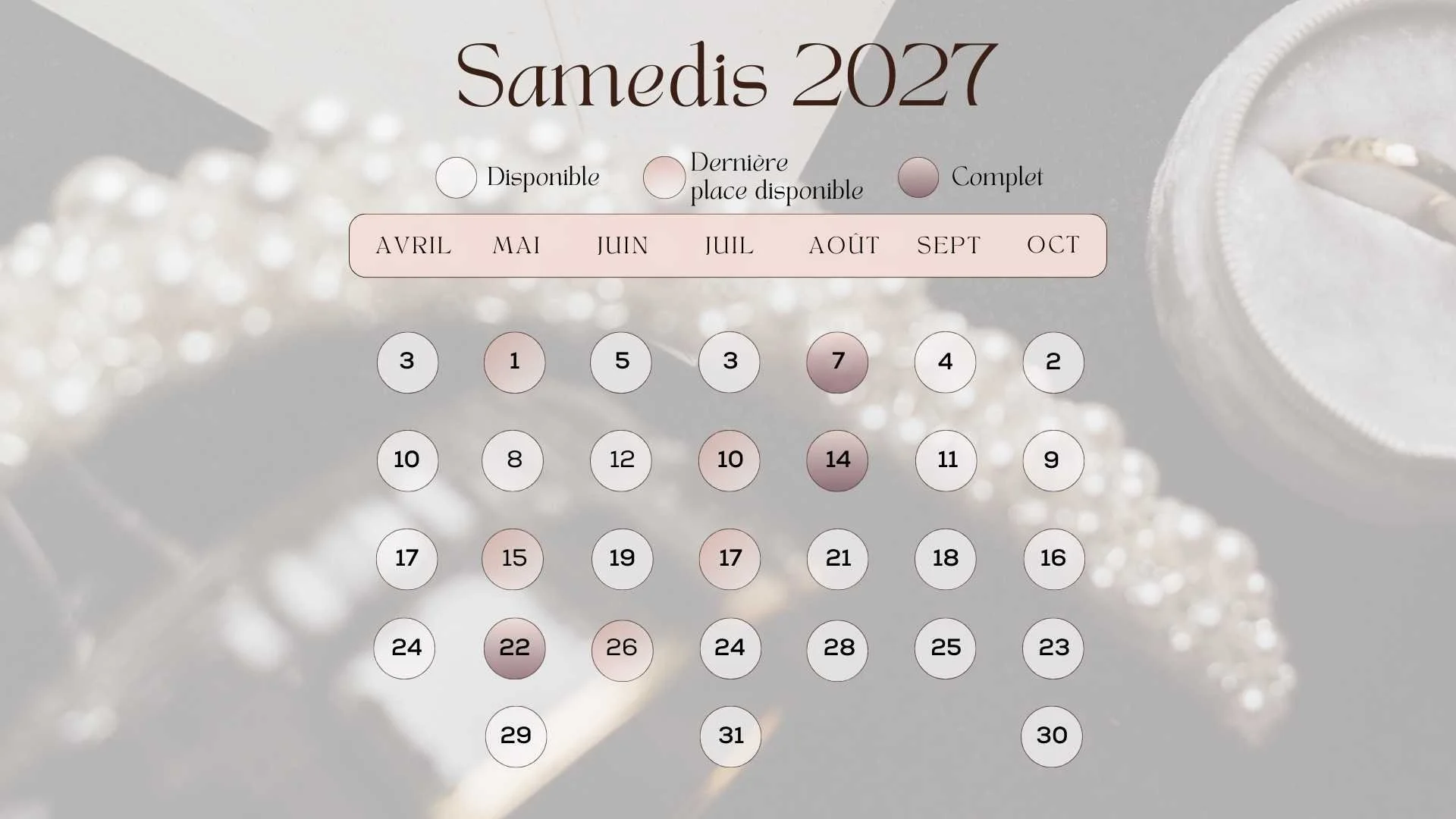 Planning de disponibilité de maquilleuse mariée Audrey Langouet pour 2027