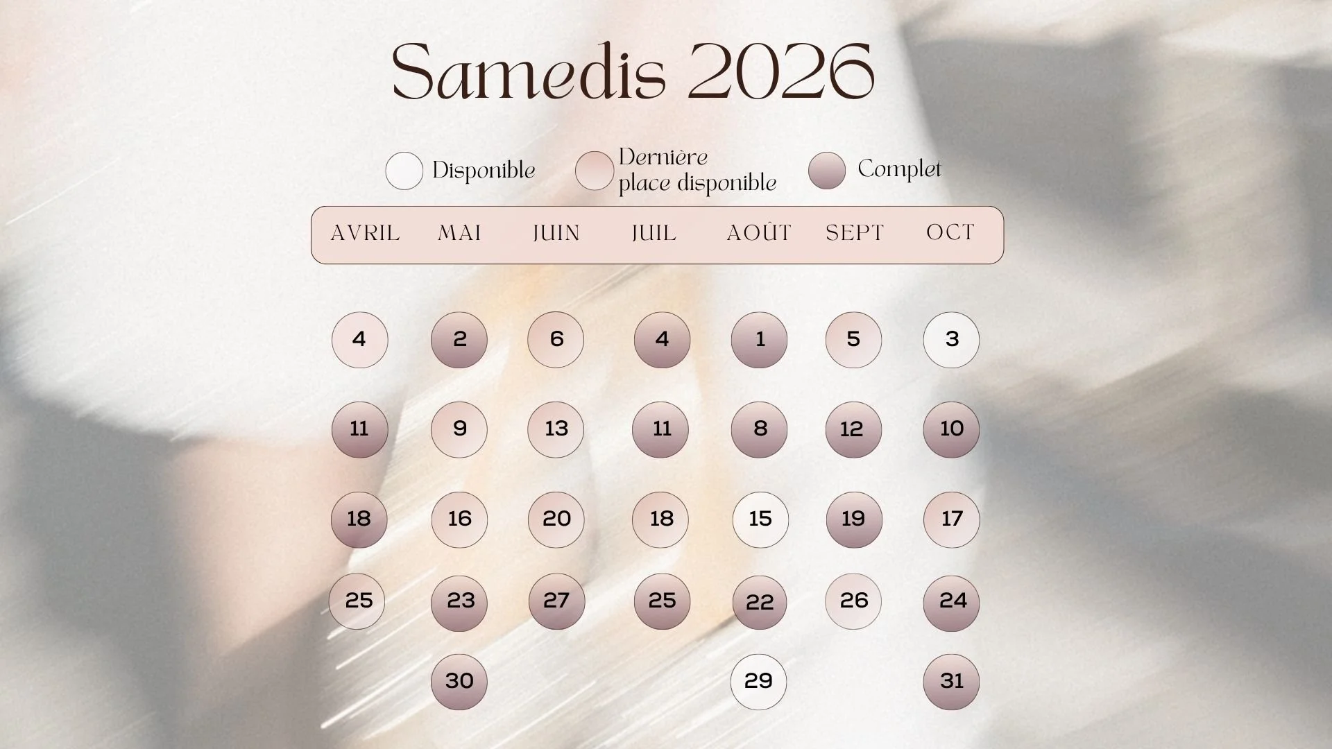 Planning de disponibilité de maquilleuse mariée Audrey Langouet pour 2026